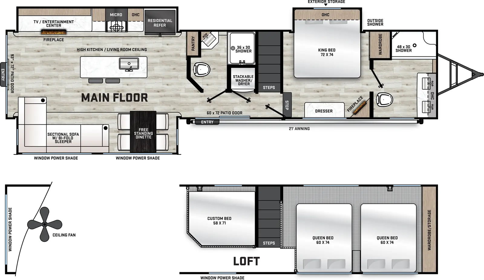 The Catalina Destination Series 43CONDO floorplan has two entries and three slide outs. Exterior features include: metal exterior and 21' awning. Interiors features include: loft, kitchen island, free-standing dinette option, rear living and two full bathrooms.